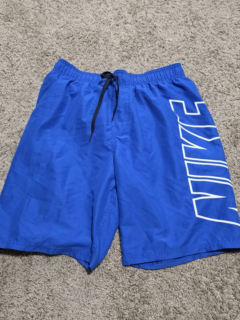Nike Men's Blue Athletic Swim Shorts with Vertical Logo, Size M